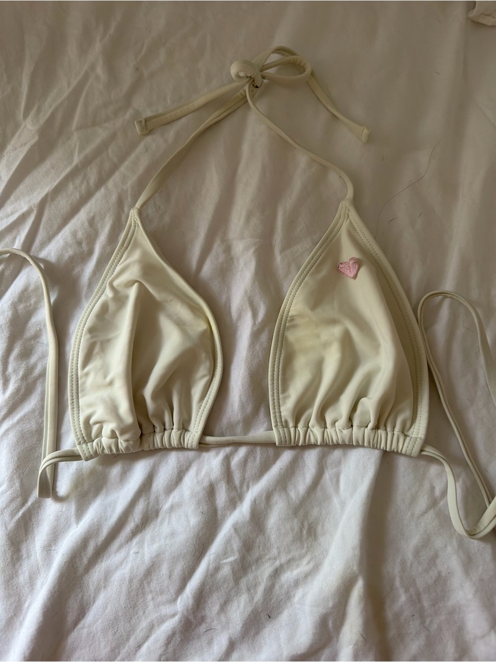 Cream Triangle Halter Bikini Top with Pink Heart Accent